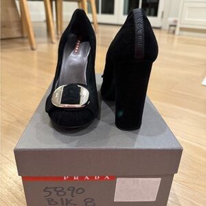 Prada Black Suede Block Heel Pumps with Silver Buckle